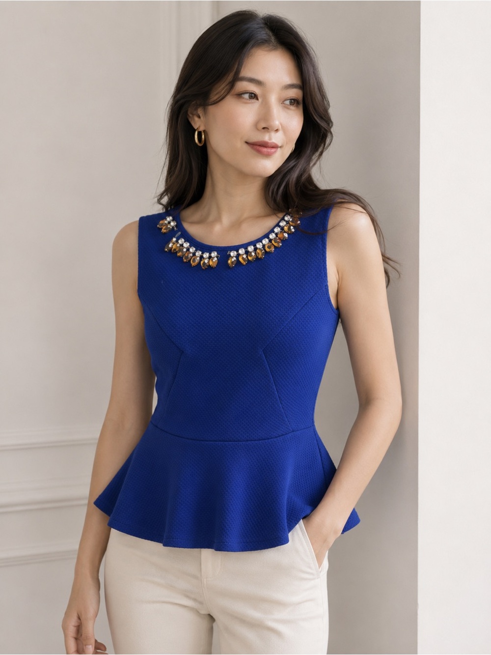 Lulumari Royal Blue Jeweled-Neck Peplum Top